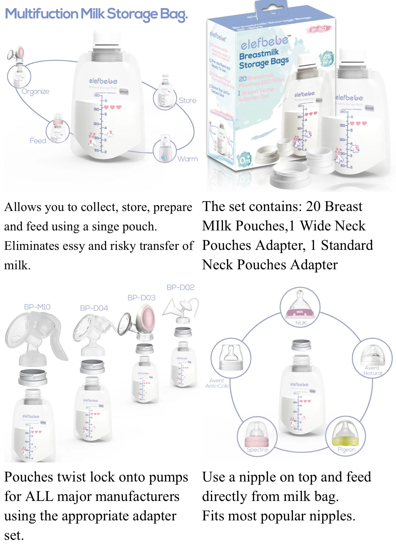 Direct Breastmilk Storage Bag + 1 adapter set (180mls)